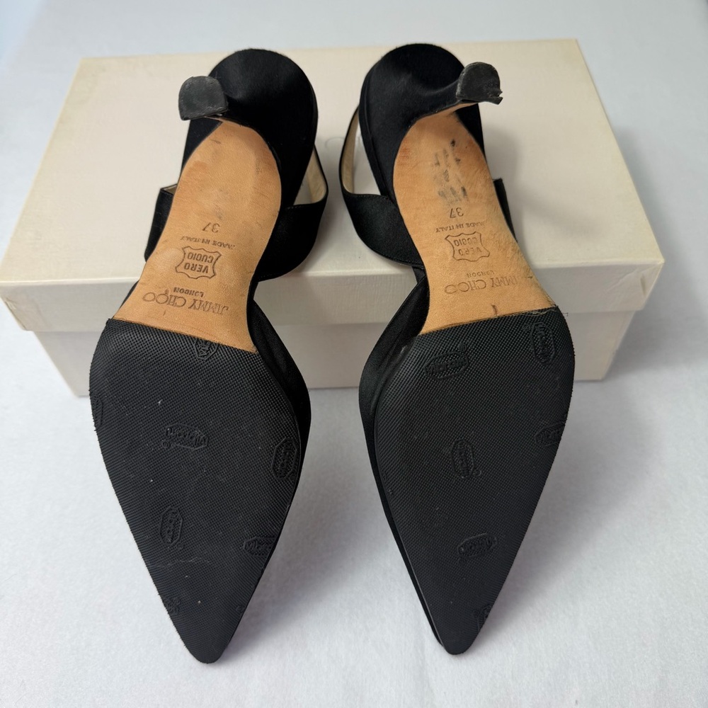 Jimmy Choo Syria Slingback Heels Black Satin Pointed Toe 37 85mm Classic - Picture 10 of 14